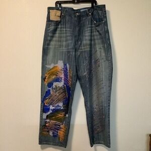 Mens Baggy Denim Jeans Art Splatter Paint Blue Wash Size 40x32